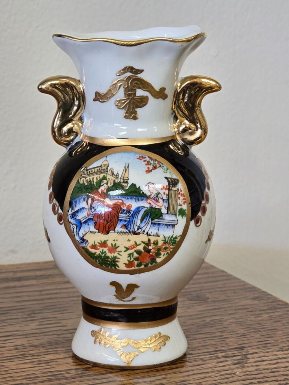 Maranello Italy Hand Painted Gilded Miniature Vase 4” Vintage Ceramic